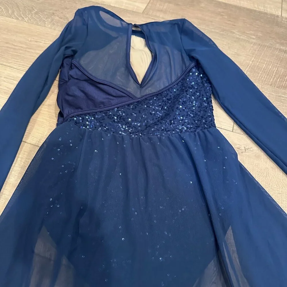 Balera Navy Blue Long Sleeve Dance Costume With Sequin Bodice & Mesh Skirt MA - Picture 9 of 9